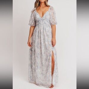 Worth Collective Daphne High Slit Eyelet Maxi Dress in Blue and White Floral